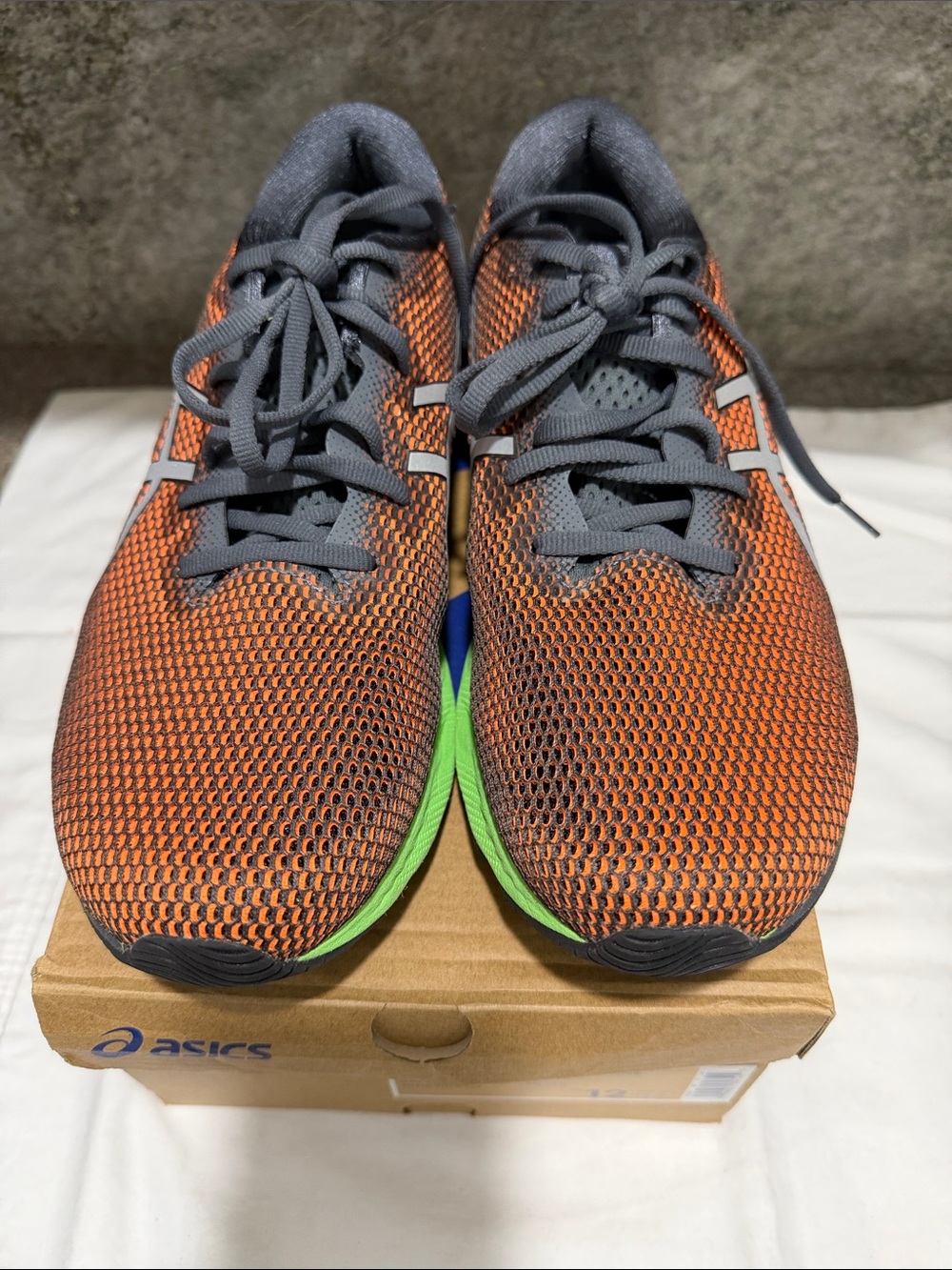 Asics Men's Orange and Gray Mesh Running Sneakers with Green Midsole